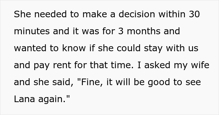 Text excerpt showing a couple agrees to host old friend who requests to stay for three months and pay rent. Text excerpt showing a couple agrees to host old friend who requests to stay for three months and pay rent.