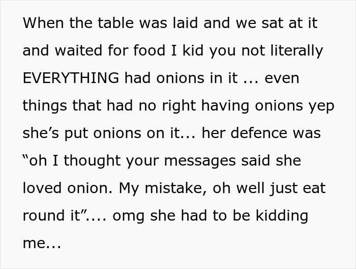 Text excerpt about a woman who secretly put onions in all food, related to mil-try-poison-woman story. Text excerpt about a woman who secretly put onions in all food, related to mil-try-poison-woman story.
