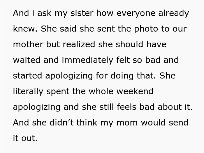 Text excerpt showing a sister apologizing for sharing a photo early, relating to bride cutting mom off from key wedding plans. Text excerpt showing a sister apologizing for sharing a photo early, relating to bride cutting mom off from key wedding plans.