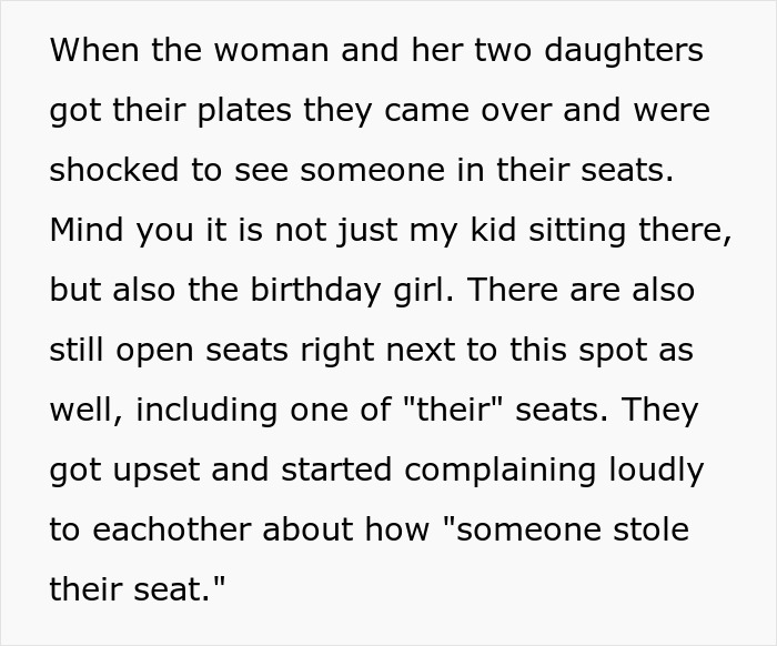 Text excerpt describing a girl getting bullied over a party seat and the conflict involving open seats nearby. Text excerpt describing a girl getting bullied over a party seat and the conflict involving open seats nearby.
