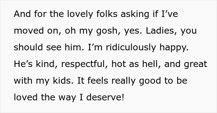 Text excerpt showing a woman expressing happiness and reflecting on separation and divorce differences. Text excerpt showing a woman expressing happiness and reflecting on separation and divorce differences.