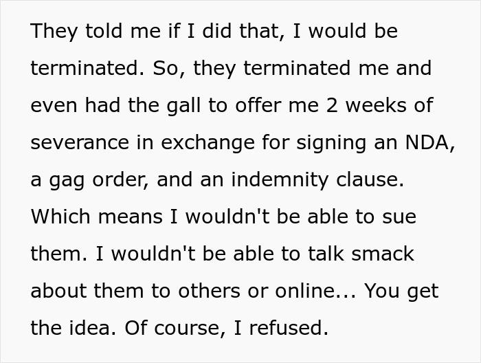 Text excerpt showing an employee describing being terminated and offered severance with NDA, related to boss making life difficult. Text excerpt showing an employee describing being terminated and offered severance with NDA, related to boss making life difficult.