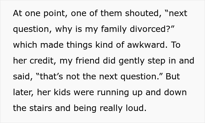 Text excerpt describing a woman dealing with her friend’s rowdy kids at an event, leading to childfree events. Text excerpt describing a woman dealing with her friend’s rowdy kids at an event, leading to childfree events.