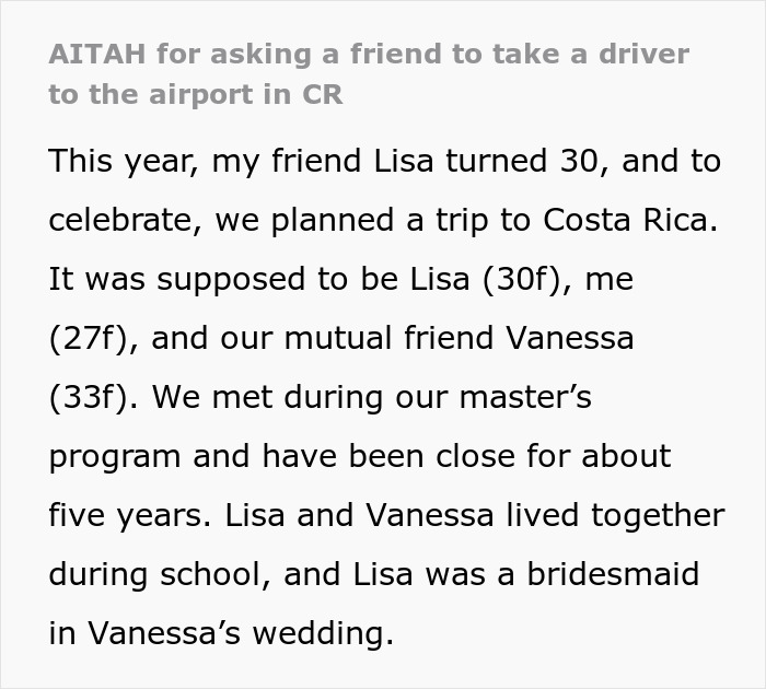 Text excerpt discussing a woman’s travel needs and how she expects friends to accommodate her plans, ghosting those who refuse. Text excerpt discussing a woman’s travel needs and how she expects friends to accommodate her plans, ghosting those who refuse.