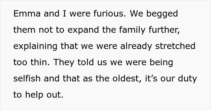 Text excerpt describing 16YO twins missing out on their teen years due to parents always expecting them to babysit younger siblings. Text excerpt describing 16YO twins missing out on their teen years due to parents always expecting them to babysit younger siblings.
