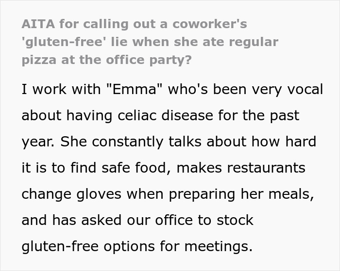 Text discussing a worker calling out a gluten-free colleague for eating regular pizza at the office party.