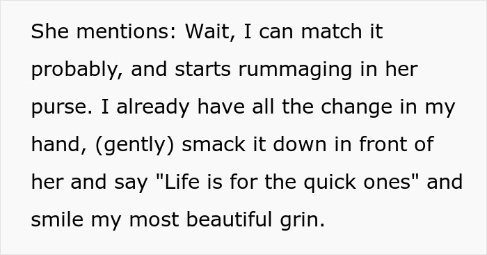 Text describing a woman cutting in front of an elderly man at a grocery store with cashier handing out karma using her own words.