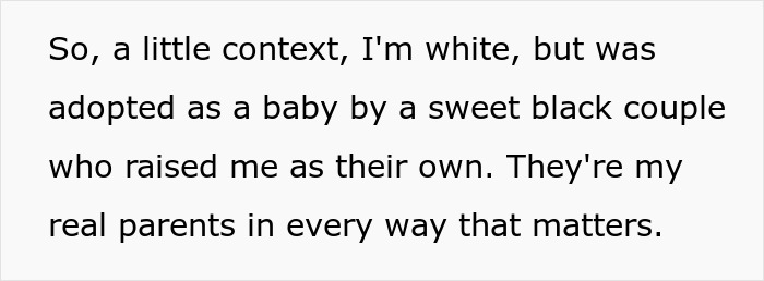 Text explaining adoption by a black couple, providing context related to racist mom insulting daughter’s girlfriend’s parents. Text explaining adoption by a black couple, providing context related to racist mom insulting daughter’s girlfriend’s parents.