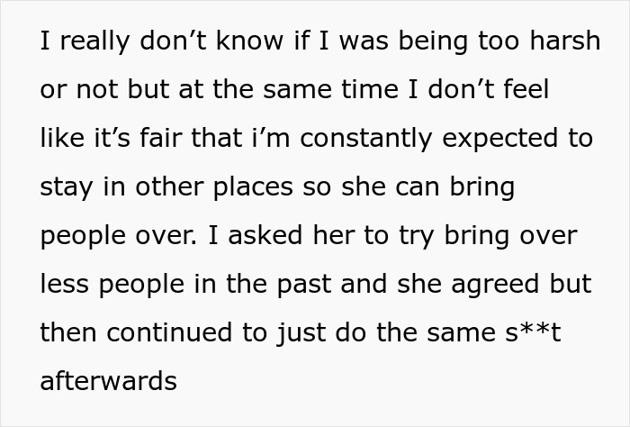 Text excerpt about a roommate expecting leaving so she can sleep with guys, causing frustration and unfairness. Text excerpt about a roommate expecting leaving so she can sleep with guys, causing frustration and unfairness.