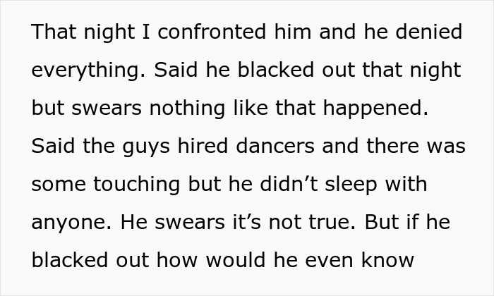 Text excerpt discussing a wife confronting her husband after a boys’ weekend and a woman claiming pregnancy. Text excerpt discussing a wife confronting her husband after a boys’ weekend and a woman claiming pregnancy.