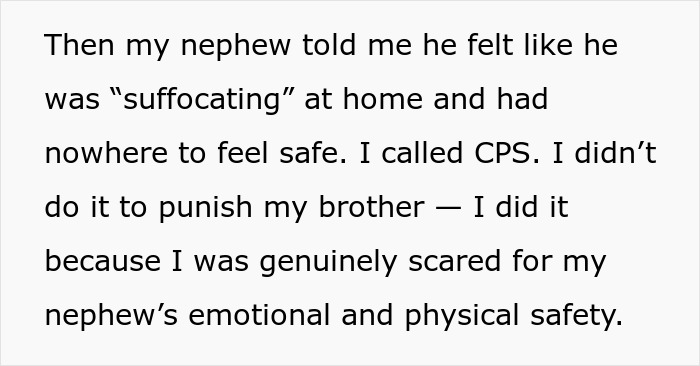 Text about nephew feeling suffocated at home, aunt worried about safety, and calling CPS on controlling brother. Text about nephew feeling suffocated at home, aunt worried about safety, and calling CPS on controlling brother.