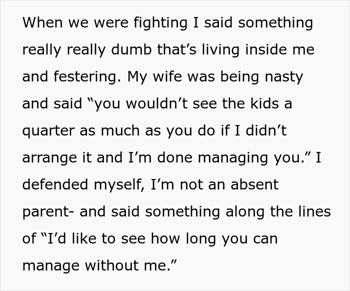 Text excerpt showing a confrontation where a man tells his wife she couldn’t manage without him during a fight.