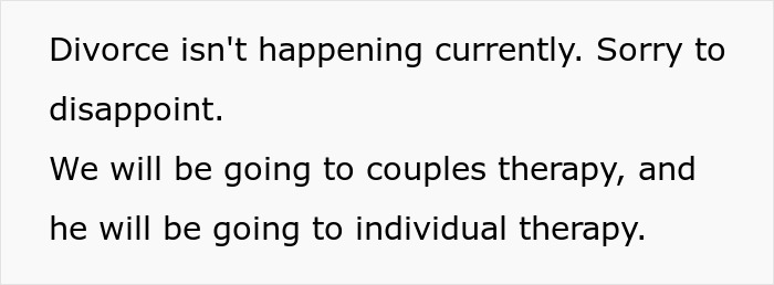 Text message discussing couples therapy and individual therapy amid relationship issues, related to hubby mocking wife. Text message discussing couples therapy and individual therapy amid relationship issues, related to hubby mocking wife.