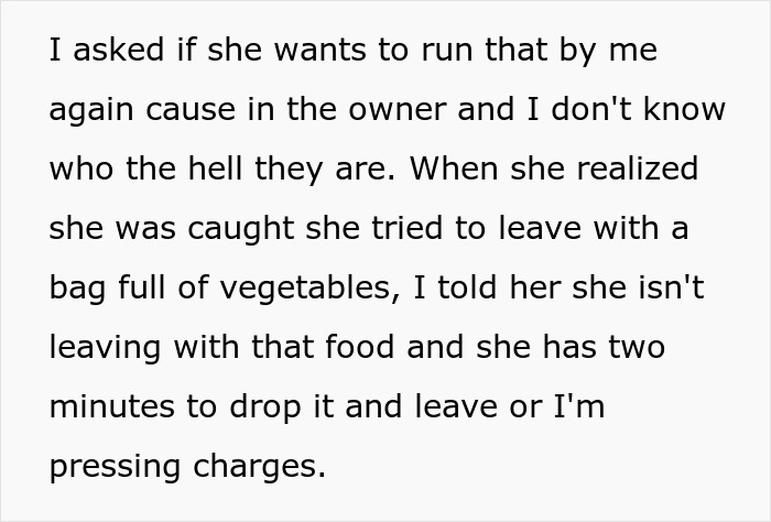 Text showing a thief caught stealing vegetables who claims to know the owner but is challenged and threatened with charges. Text showing a thief caught stealing vegetables who claims to know the owner but is challenged and threatened with charges.