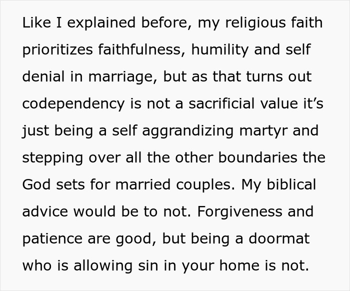 Text excerpt discussing religious faith, codependency, and marriage boundaries in the context of husband’s birthday surprise and therapy. Text excerpt discussing religious faith, codependency, and marriage boundaries in the context of husband’s birthday surprise and therapy.
