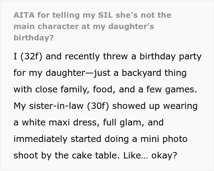 Text excerpt about a lady upset after SIL tells her to stop making niece’s birthday all about her spiritual awakening. Text excerpt about a lady upset after SIL tells her to stop making niece’s birthday all about her spiritual awakening.