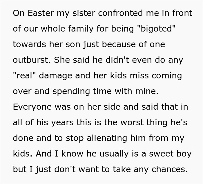 Woman refuses to babysit autistic nephew after he injures her daughter and spits on her, causing family conflict. Woman refuses to babysit autistic nephew after he injures her daughter and spits on her, causing family conflict.