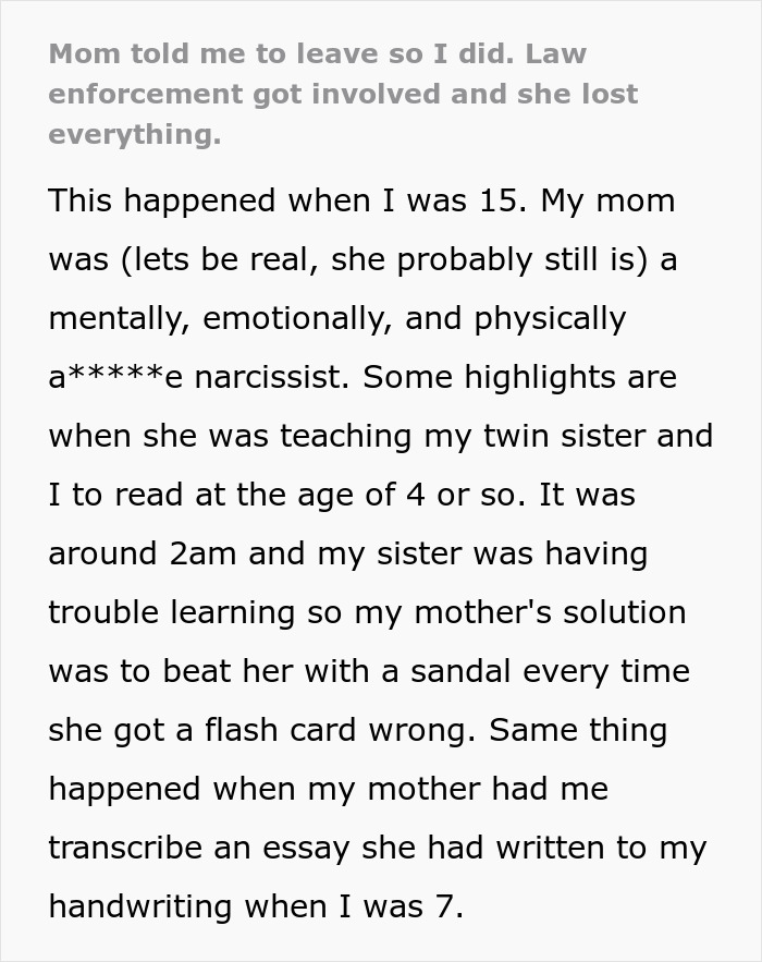 Mom tells teen son to leave home, leading to law enforcement involvement and her losing everything. Mom tells teen son to leave home, leading to law enforcement involvement and her losing everything.