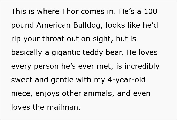 Text describing a gentle 100-pound American Bulldog known for being sweet despite its fierce appearance and labeled too dangerous. Text describing a gentle 100-pound American Bulldog known for being sweet despite its fierce appearance and labeled too dangerous.