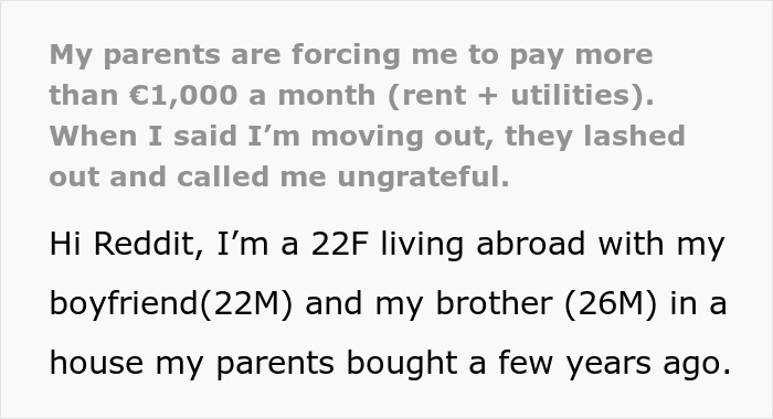 Alt text: Text discussing parents forcing payment of expensive rent and utilities from their adult child living abroad with boyfriend and brother. Alt text: Text discussing parents forcing payment of expensive rent and utilities from their adult child living abroad with boyfriend and brother.
