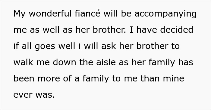 Text on a white background about a woman deciding to ask her fiancé’s brother to walk her down the aisle, highlighting family ties. Text on a white background about a woman deciding to ask her fiancé’s brother to walk her down the aisle, highlighting family ties.