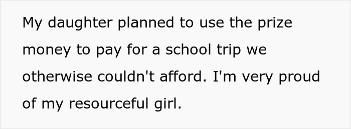 Text on paper describing a proud parent sharing how their daughter planned to use prize money for a school trip. Text on paper describing a proud parent sharing how their daughter planned to use prize money for a school trip.