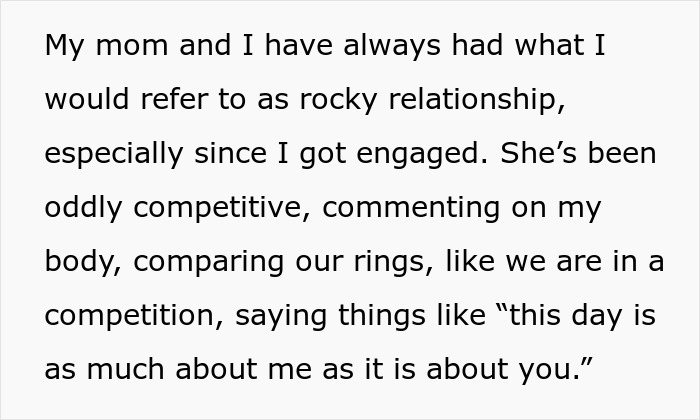 Text describing a rocky relationship between bride and her mom, highlighting bride's mom wanting to wear a white gown to wedding. Text describing a rocky relationship between bride and her mom, highlighting bride's mom wanting to wear a white gown to wedding.