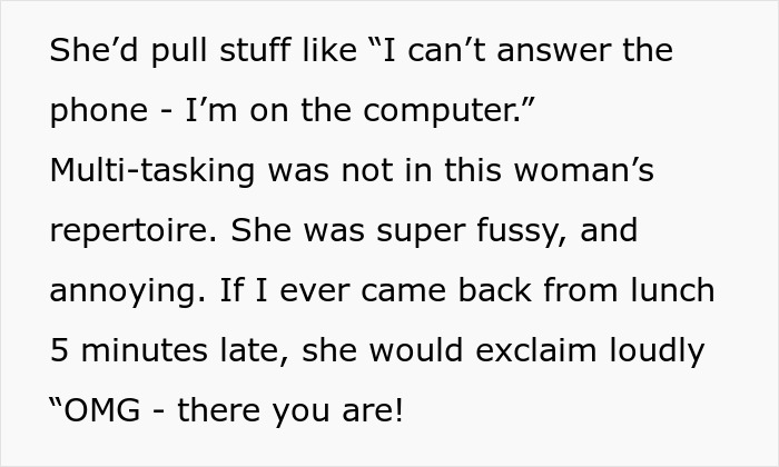 Text excerpt describing an obnoxious coworker’s annoying behavior before a retirement party forces her to quit. Text excerpt describing an obnoxious coworker’s annoying behavior before a retirement party forces her to quit.