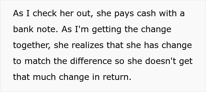 Cashier giving change to woman who cut in front of elderly man at grocery store, illustrating karma in action.