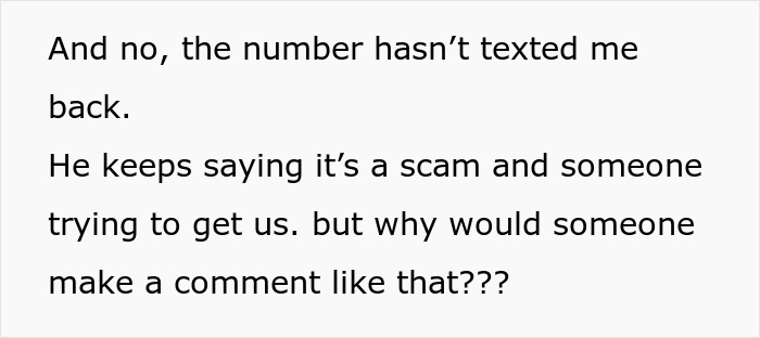 Text message about scam suspicion from fiancé confuses mom-to-be, prompting concern and second guessing from friends. Text message about scam suspicion from fiancé confuses mom-to-be, prompting concern and second guessing from friends.