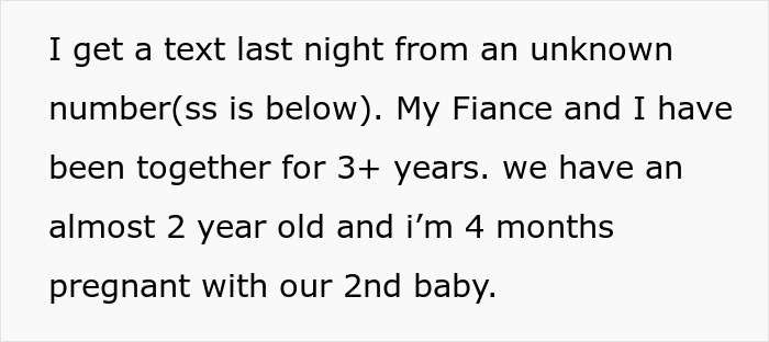 Text about fiancé from unknown number puzzles mom-to-be who is 4 months pregnant and raising a toddler. Text about fiancé from unknown number puzzles mom-to-be who is 4 months pregnant and raising a toddler.