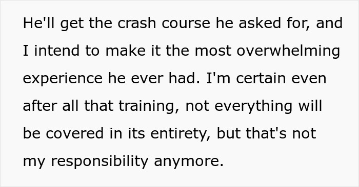 Text screenshot showing a person clapping back with 2 weeks notice after being expected to teach 12 years worth of knowledge before PTO. Text screenshot showing a person clapping back with 2 weeks notice after being expected to teach 12 years worth of knowledge before PTO.