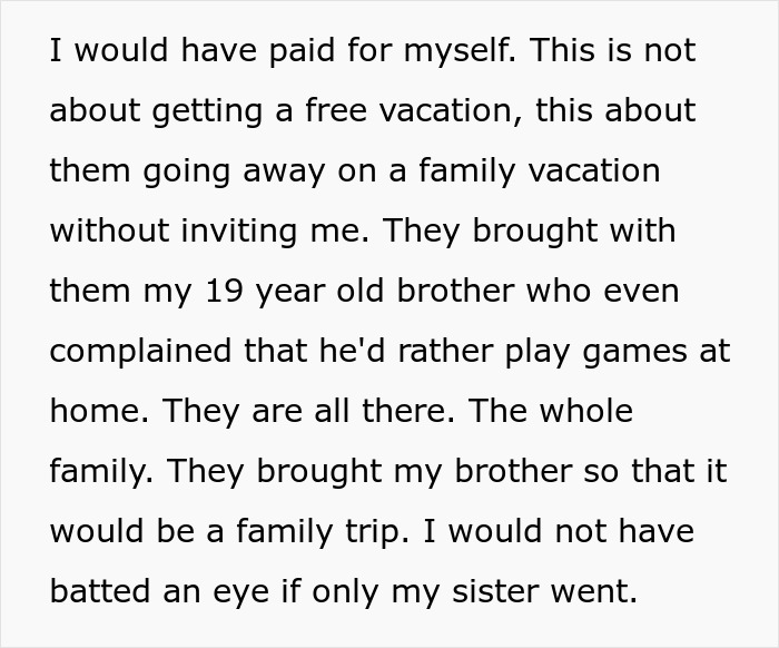 Text excerpt about a woman upset over a family vacation and being excluded from the trip, highlighting family vacation drama. Text excerpt about a woman upset over a family vacation and being excluded from the trip, highlighting family vacation drama.