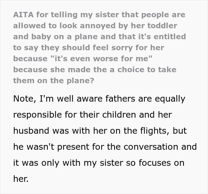 Text conversation discussing a mom taking kids on a long flight and facing criticism from a sibling about the experience. Text conversation discussing a mom taking kids on a long flight and facing criticism from a sibling about the experience.