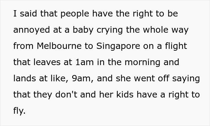 Text discussing a mom taking kids on a 9-hour flight and complaints about nobody helping during the journey. Text discussing a mom taking kids on a 9-hour flight and complaints about nobody helping during the journey.