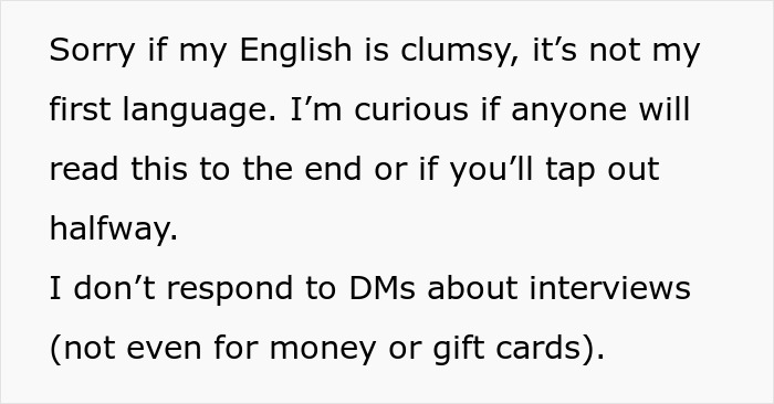 Text message about English language skills and refusal to respond to interview DMs, related to AI boyfriend proposal confusion. Text message about English language skills and refusal to respond to interview DMs, related to AI boyfriend proposal confusion.