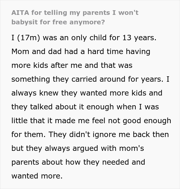 Text excerpt about parents obsessed with having more kids, forcing older son to babysit siblings, and his feelings about it. Text excerpt about parents obsessed with having more kids, forcing older son to babysit siblings, and his feelings about it.