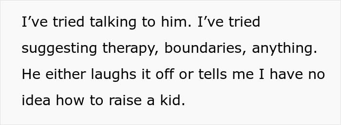 Text excerpt discussing attempts to set boundaries and suggest therapy for a controlling brother in nephew safety concerns. Text excerpt discussing attempts to set boundaries and suggest therapy for a controlling brother in nephew safety concerns.