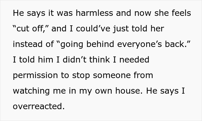 Text excerpt about mom disabling MIL’s baby cam access after realizing spying, discussing privacy and boundaries concerns. Text excerpt about mom disabling MIL’s baby cam access after realizing spying, discussing privacy and boundaries concerns.