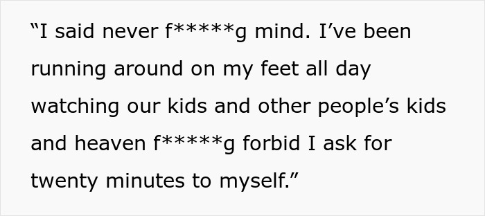 Text excerpt showing a wife’s frustration after being told she couldn’t do it without her husband, proving him wrong.