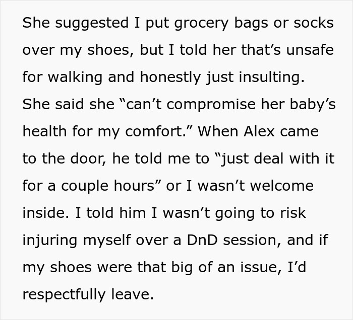Text excerpt discussing a medical condition preventing shoe removal, causing conflict with friend’s wife over house rules. Text excerpt discussing a medical condition preventing shoe removal, causing conflict with friend’s wife over house rules.