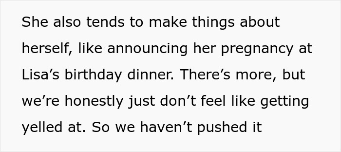 Text excerpt discussing a woman making situations about herself and causing tension among friends during social events. Text excerpt discussing a woman making situations about herself and causing tension among friends during social events.