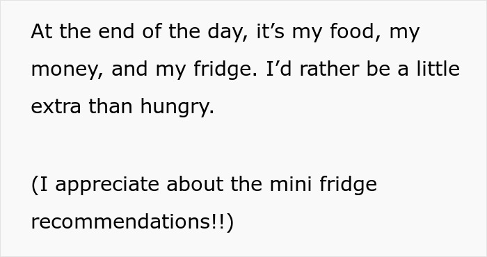 Text on a plain background about owning food, money, and a fridge, appreciating mini fridge recommendations after leftover pasta theft.