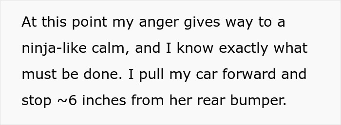 Text describing anger calming and moving car close behind a Lexus skipping the air pump line.