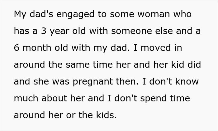 Text describing a teen explaining their dad’s fiancée and the babysitting demands that led to their escape. Text describing a teen explaining their dad’s fiancée and the babysitting demands that led to their escape.