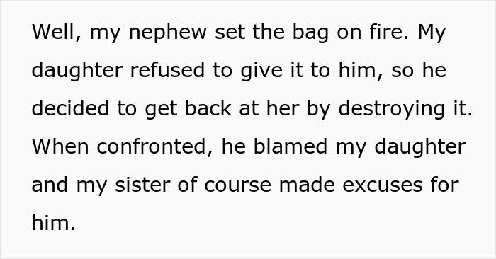 Text excerpt about widow making excuses for her grieving son after he burns a kid’s bag during family conflict. Text excerpt about widow making excuses for her grieving son after he burns a kid’s bag during family conflict.