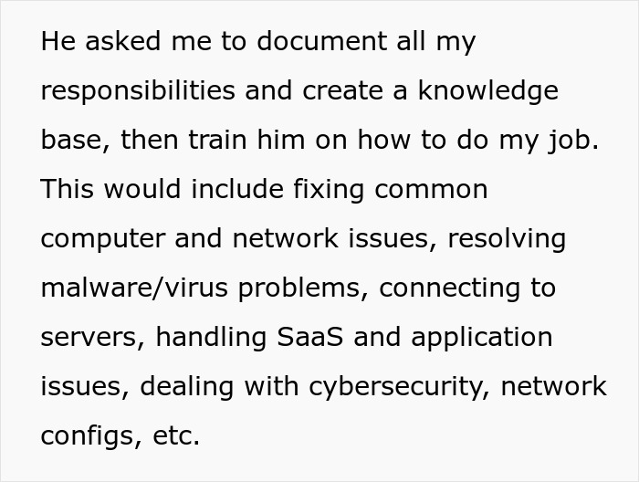 Text showing instructions to document responsibilities, create knowledge base, and train on IT job tasks including cybersecurity and network issues. Text showing instructions to document responsibilities, create knowledge base, and train on IT job tasks including cybersecurity and network issues.