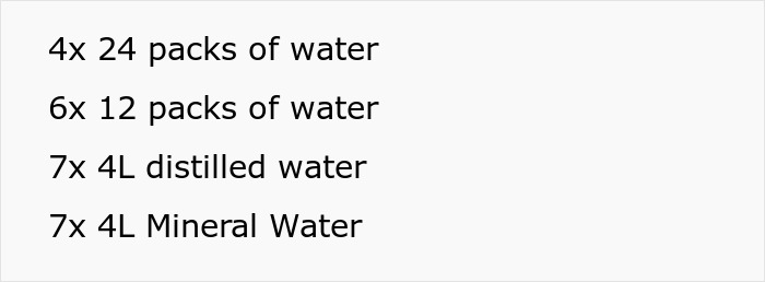Lists showing various quantities of water packs and bottles related to a customer demanding an Instacart shopper drag water up floors. Lists showing various quantities of water packs and bottles related to a customer demanding an Instacart shopper drag water up floors.