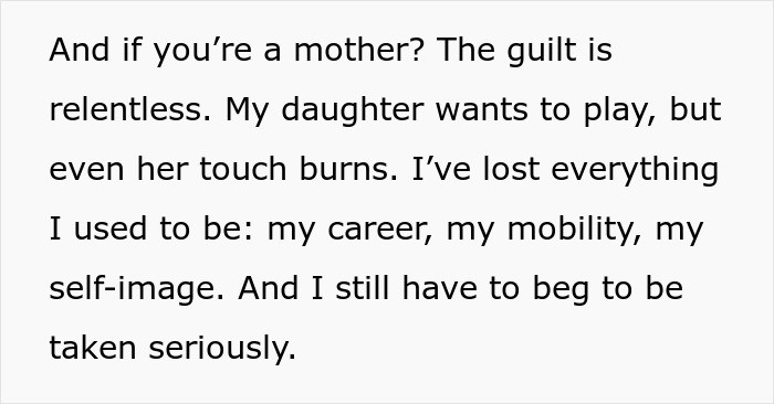 Text excerpt describing a woman’s chronic pain, highlighting guilt, loss of mobility, and being dismissed by doctors. Text excerpt describing a woman’s chronic pain, highlighting guilt, loss of mobility, and being dismissed by doctors.