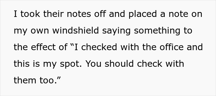 Alt text: Person's note on windshield responding to dodgy neighbor's anonymous notes about a parking spot dispute Alt text: Person's note on windshield responding to dodgy neighbor's anonymous notes about a parking spot dispute